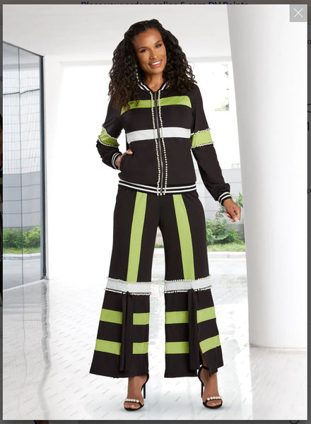 Donna Vinci Sport 21039 2PC Jacket/Pant Set Stretch Soft Fabric With Black And Green Stripes
