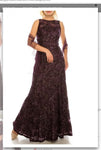Ignite  Evenings IG119103 Plum Glittered Floral Appliqued Long Evening Gown