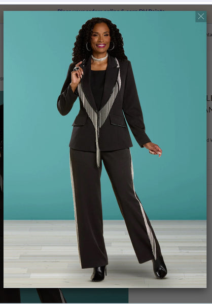 Donna Vinci Style 12125 3PC Black Jacket/Cami/Pant Suit With Fringes