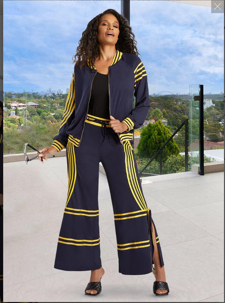 Donna Vinci Sport 21038 2PC Jacket/Pant Set Stretch Soft Fabric With  Navy/Yellow Stripes