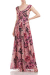 Kay Unger 5518984 Scoop Neck Cap Sleeve Floral Print Pleated Chiffon Dress
