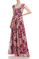 Kay Unger 5518984 Scoop Neck Cap Sleeve Floral Print Pleated Chiffon Dress