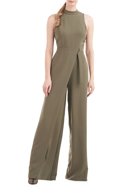 Kay Unger Style 5648558 Turtleneck Sleeveless Asymmetrical Belted Overlay Wide Leg Stretch Crepe Jumpsuit