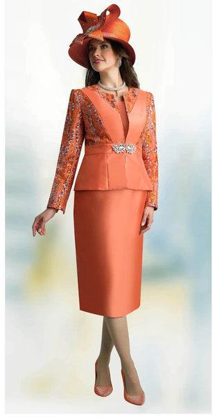 Lily and Taylor 4776 - Burnt Orange - 3PC Novelty Fabric Skirt Suit with Embellished Sleeves