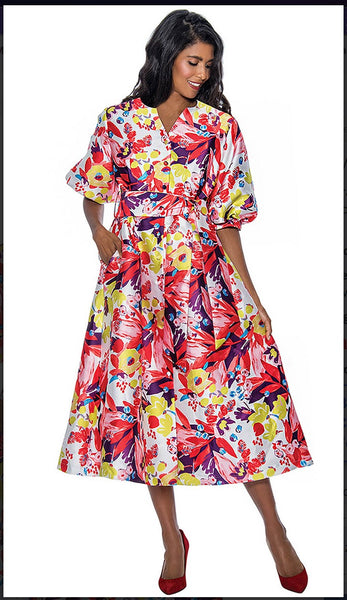 Dresses By Nubiano 851 Floral Print Pleated Midi Dress With V-Neck,