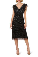 Adrianna Papell  AP1E211419 Beaded Mesh Surplice V-Neck Flutter Sleeve Dress