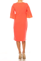 ILE SCS383 Coral CLOTHING 3/4 SLEEVE PLEATED FRONT SHEATH DRESS