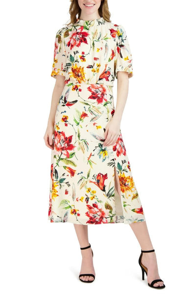 Julia Jordan Style No: JJ38776  Floral Mock Neck Linen Dress