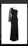 Cachet 59633 One Shoulder Embellished Sleeve Bodycon Slit Front Zipper Back Crepe Dress