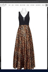 Cachet 59857  V-Neck Sleeveless Zipper Back Solid Jersey Bodice Animal Print Satin Dress