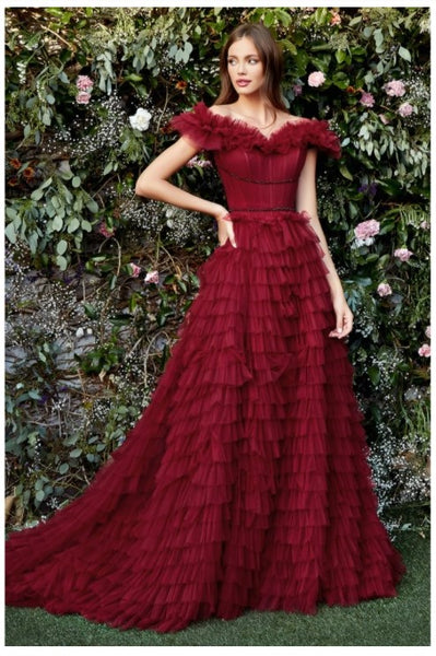 Andrea & Leo Couture A1032 Rouge Tulle Gown This Gown Features Ruffle Off Shoulder Detail