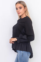 Contrast woven ruffle sleeve round neck top - Jazmine & Yazmine Designer Boutique