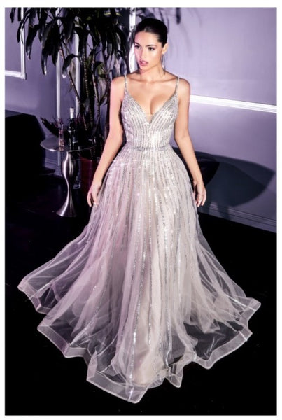 Cinderella Divine CD940 Cut from layered glitter tulle, this dress features radiating linear platinum beading throughout,