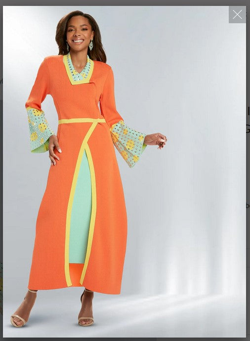 Donna Vinci KNITS Style 13373,ORANGE/MINT, 2 Pc. Jacket & Skirt Set