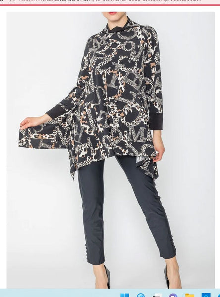 IC Collection 5528T 1PC Long Sleeve High Neck Asymmetric Tunic With Print Fabric