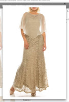 Ignite  Evenings 3523  Champagne Chiffon Cape Over Sequined Lace Dress
