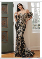 LA Divine By Cinderella Divine J844 Strapless Floral Print Gown With Detachable Puff Sleeves