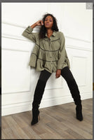 Luxe Moda LM-155   Light Olive tiered Top trimmed in Black Size Color Qty Share:
