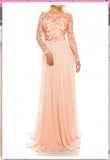 Odrella 1147 Blush Sequined Mesh & Crepe Chiffon Long Evening Gown