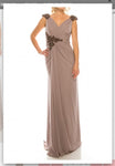 Odrella 1301 Stone Draped & Beaded Long Sheath Evening Dress