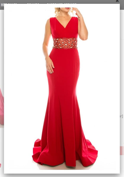 Odrella 1565 Red Crepe Trumpet Gown with Decorated Mesh Waist
