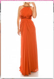 Odrella 1698 Orange Gathered Embellished Halter Evening Dress