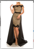 Odrella 4552 Embroidered Mesh Lattice Patterned Sheath Dress with Black Overskirt