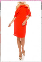 Odrella 4638 Neon Orange Beaded Halter Ruffled Cold Shoulder Dress
