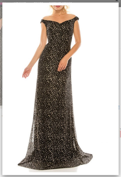 Odrella 4757 Black Glittery Mesh Illusion Portrait Neckline Evening Dress
