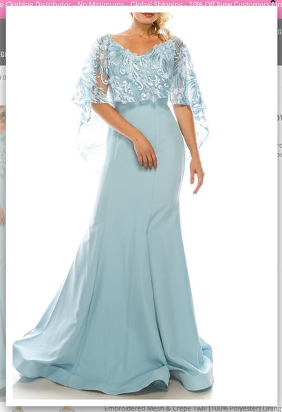 Odrella 7Y1037  Blue Trumpet Evening Gown with Embroidered Mesh Cape