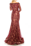 Odrella 1080  Burgundy Metallic Lace Trumpet Evening Dress