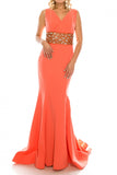 Odrella 1565 Red Crepe Trumpet Gown with Decorated Mesh Waist